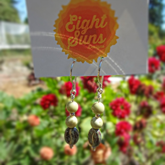 Coffee Bean Beads with Jade & Sterling Silver Earrings - Picture 2 of 3